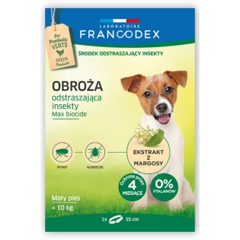 Obroża odstraszająca insekty małe psy do 10kg 35cm., Francodex, akcesoria dla psa obroża odstraszająca insekty obroża przeciw insektom obroża przeciw pchłom obroża przeciw kleszczom ochrona przed kleszczami ochrona przed pchłami obroża dla psa