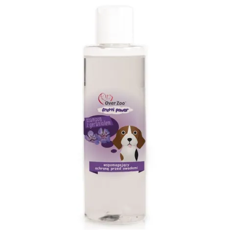 Szampon z geraniolem - przeciwko owadom 200ml., Over Zoo Frutti Power , szampon dla psów każdej rasy szampon na pchły i kleszcze szampon odstraszający insekty szampon owadobójczy dla psa szampon przeciw kleszczom szampon przeciw owadom