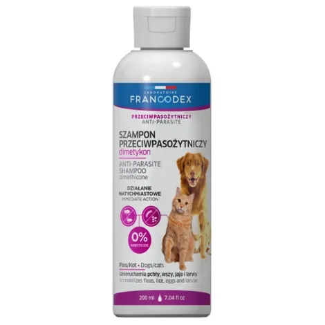 Szampon z dimetykonem przeciw pasożytom dla psa i kota 200ml., Francodex, szampon weterynaryjny, dla szczeniąt i dorosłych psów, kosmetyk pielęgnacyjny dla psa, grooming psa,  higienia psa